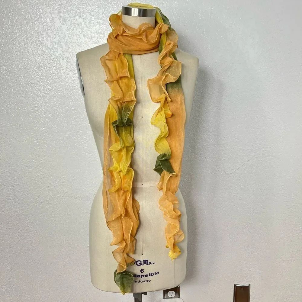 Vintage Y2K yellow green watercolor ruffle neck sheer scarf